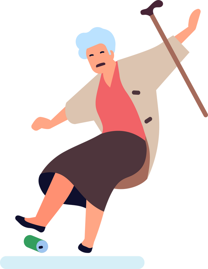 Old woman falling down. Senior stumble over trash and loosing balance